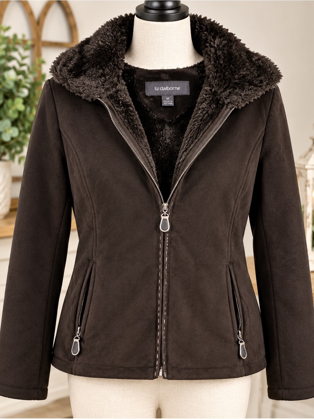 Liz Claiborne Dark Brown Faux-Suede Teddy Jacket